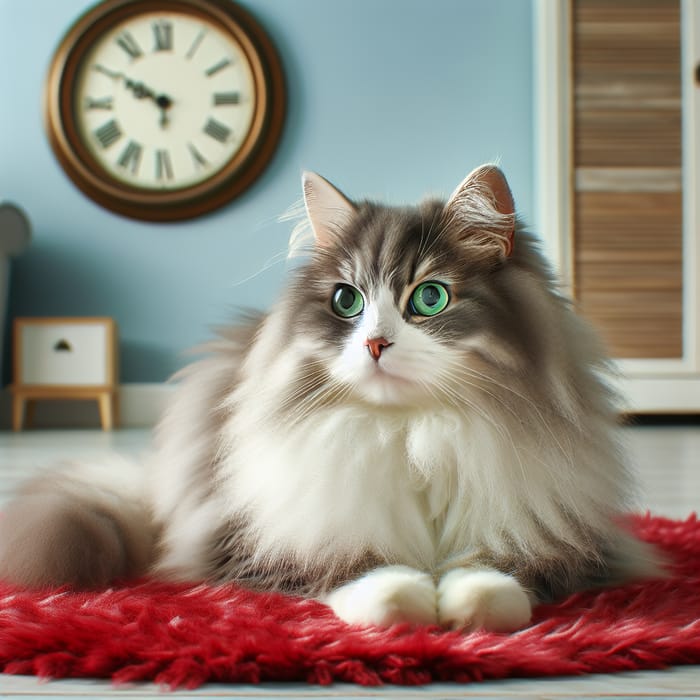 Fluffy Gray and White Cat on Red Rug | Peaceful Feline Moment