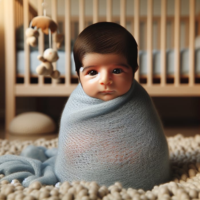 Adorable Iranian Baby Boy Wrapped in Blue Blanket