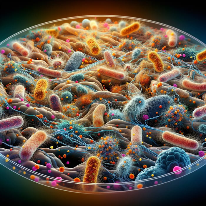 Microscopic Dance of Bacteria: A Colorful Intricate Scene