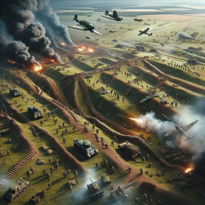 WW2 Battlefield Aerial View: Historical Combat Scene with Soldiers & Vehicles