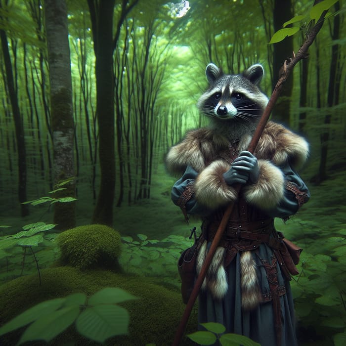 Raccoon Warrior in Medieval Attire Amid Lush Forest | Enchanting Solitude