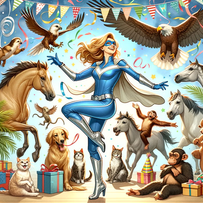 Happy Birthday Card with Dancing Blonde Superhero and Animals