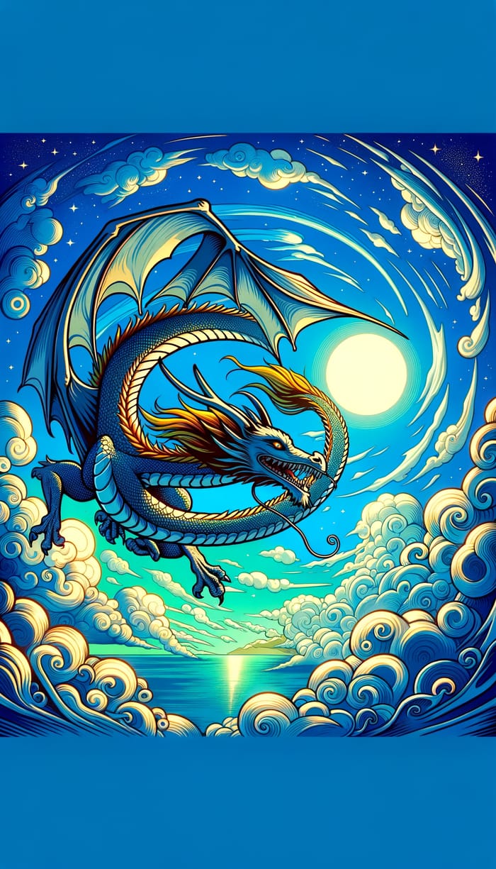 Playful Serpentine Dragon Soaring in Vibrant Blue Sky