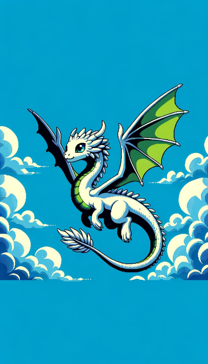 Mythical Green Fur Dragon in Vibrant Blue Sky