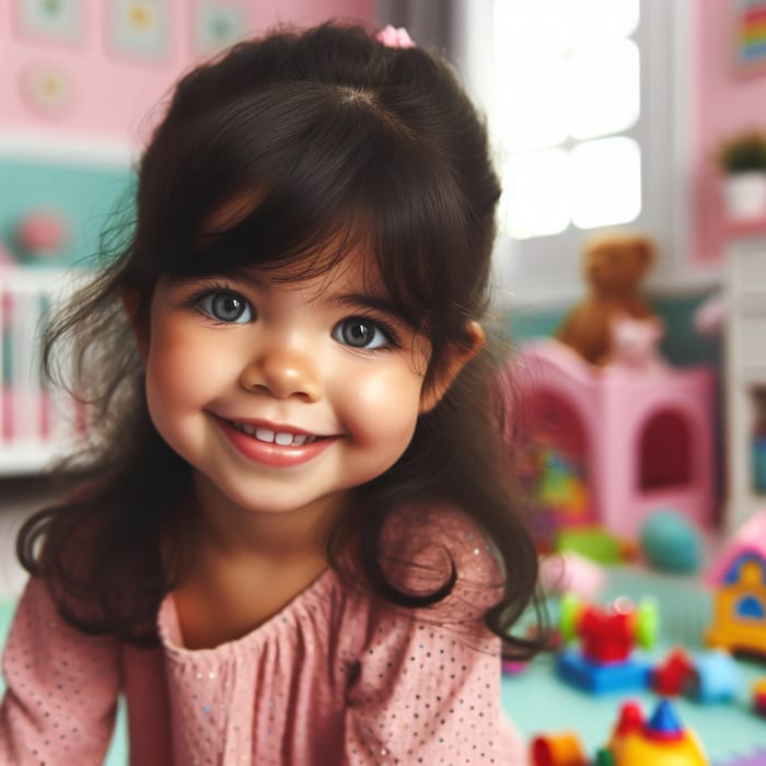 Adorable 3-Year-Old Girl with Black Hair & Blue-Green Eyes