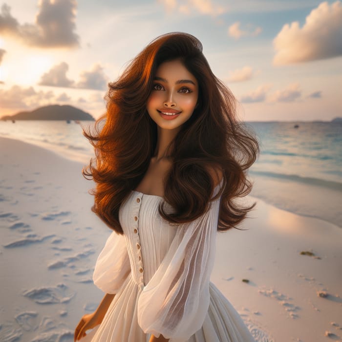 Gorgeous Girl in White Frock with Stunning Beach Hair | Sunset Glow