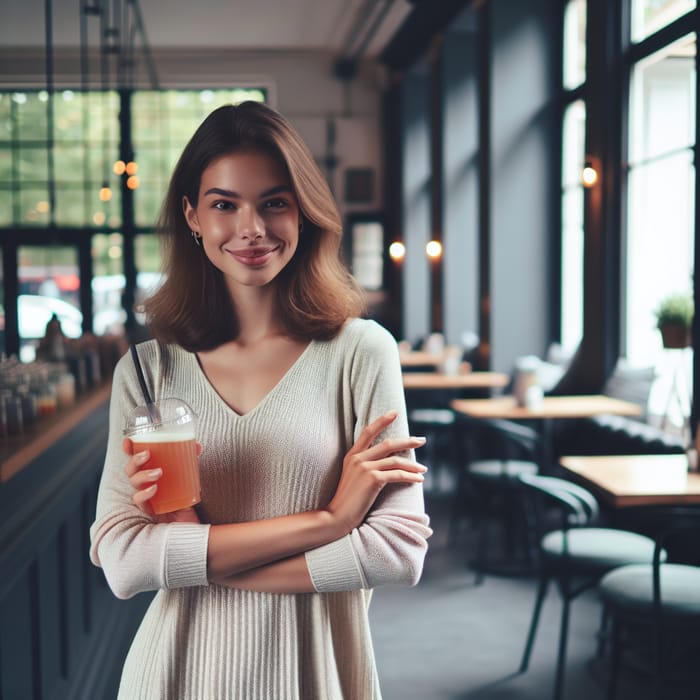 25-Year-Old Woman Smiling with Beverage in Cafe