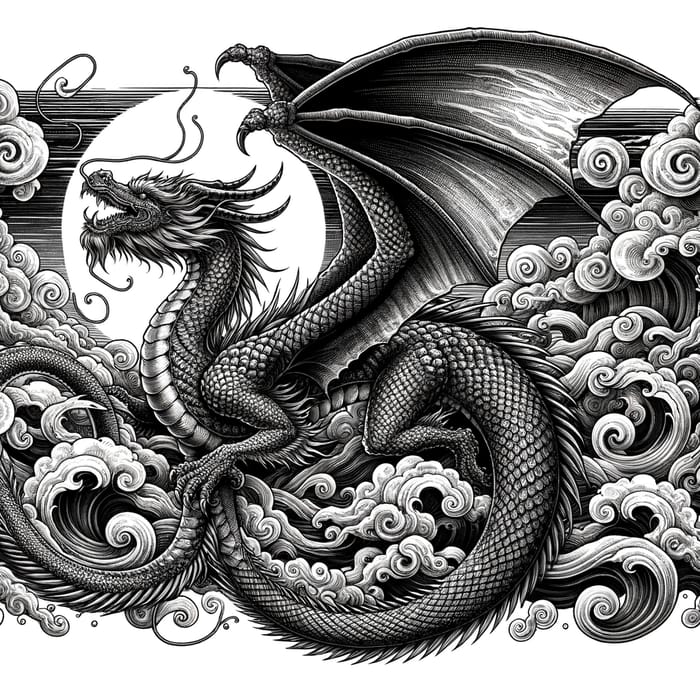 Detailed Ink Drawing of a Dragon with Majestic Wings