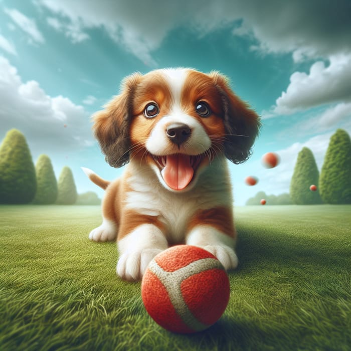 Adorable Puppy Playing Joyfully in Green Yard