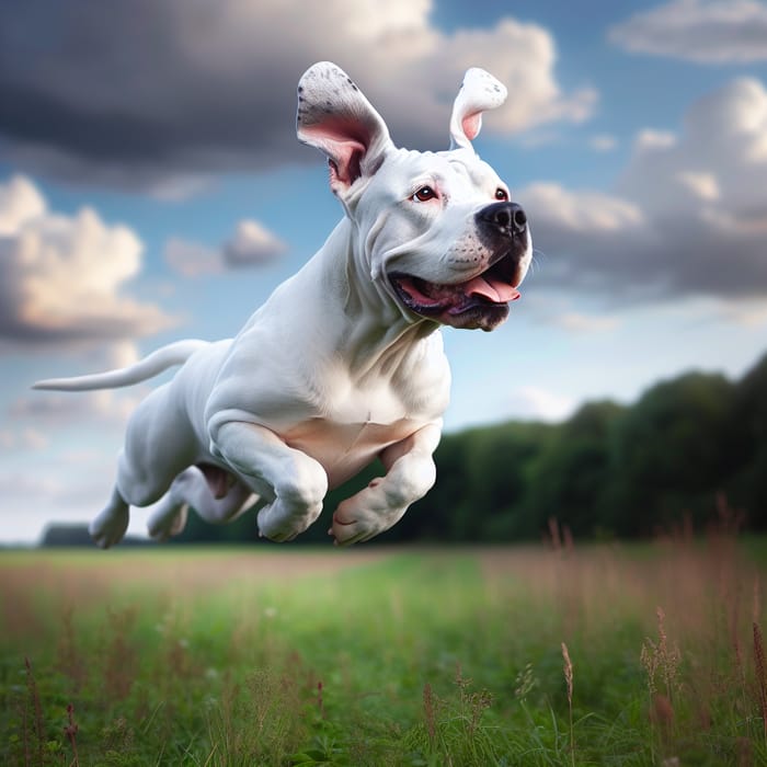 Flying Dogo Argentino Soaring Through Green Grass and Blue Skies