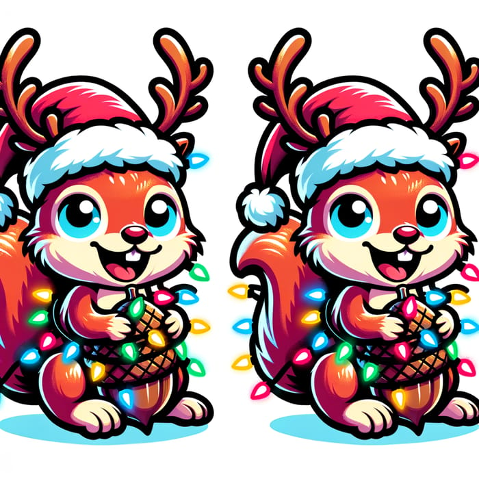 Festive Cartoon Squirrel with Santa Hat and Reindeer Antlers