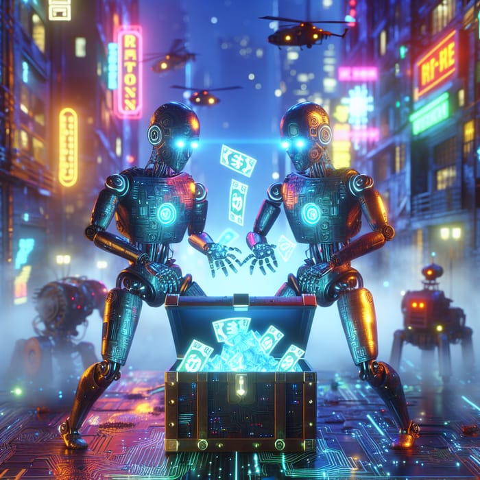 Cyberpunk Robots Dividing Digital Rubles Treasure