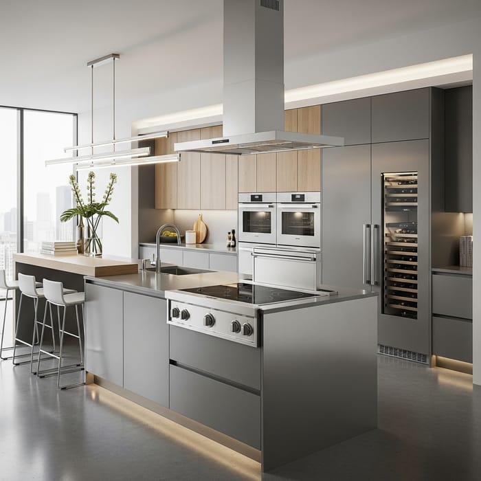 High-Tech Home Kitchen Design in Steel & Wood High-Tech Home Kitchen Design in Steel & Wood