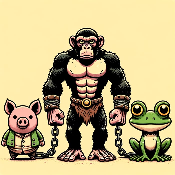 Powerful Ape Holding Pig and Frog Chains Cartoon