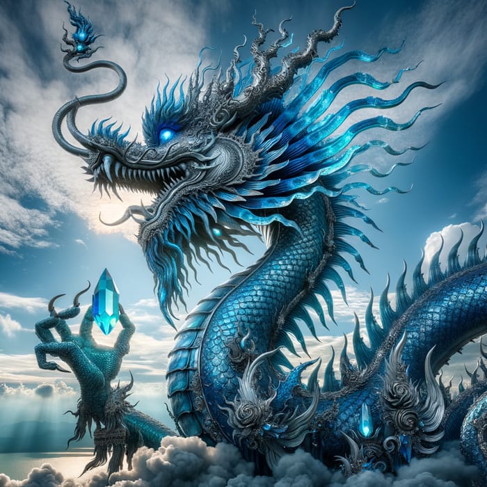 Blue Dragon Flying with Crystal in Majestic Sky