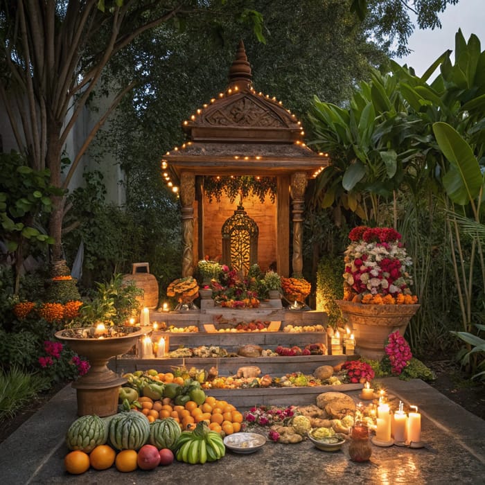 Hindu Goddess Lakshmi Shrine: Exotic Fruits & Flowers