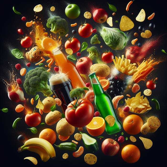 Vibrant Food Items Falling on Dark Background