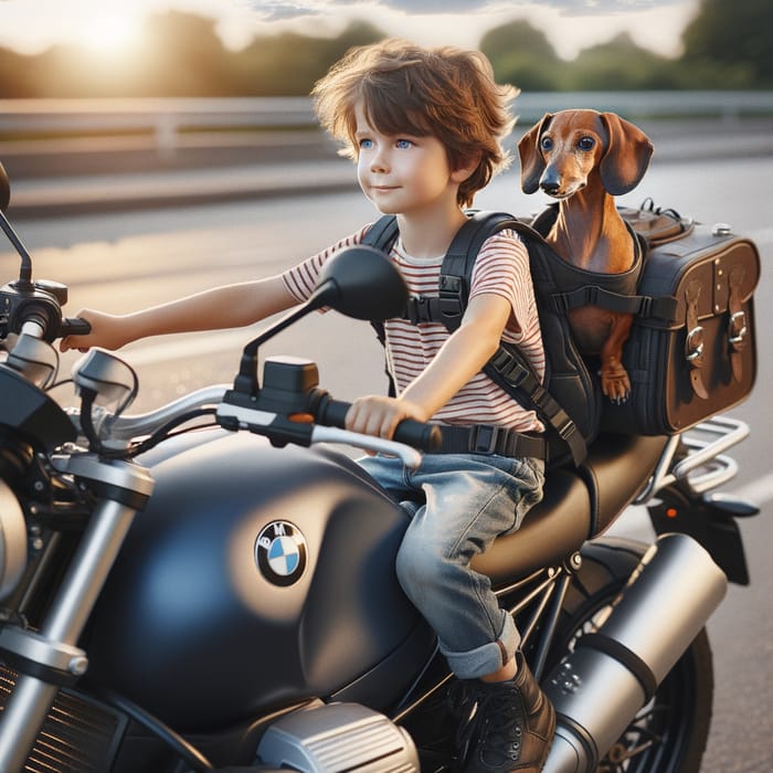 Boy on BMW R1200GS with Dachshund in Front Backpack