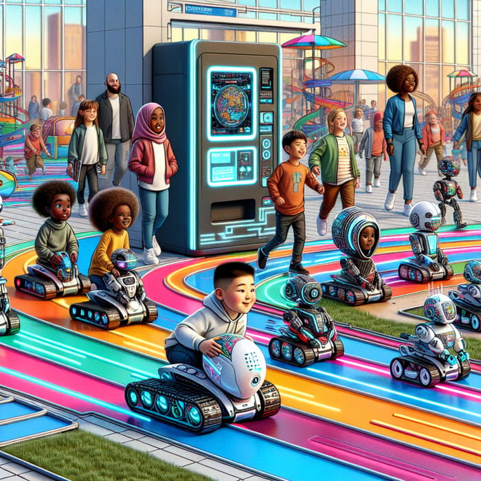 Diverse Children Racing Custom Robotic Pets in Futuristic Park