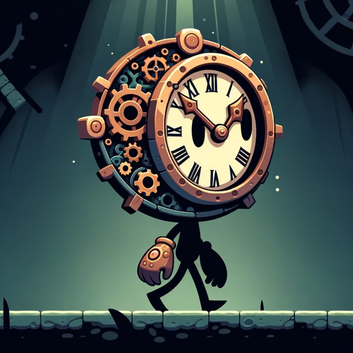 2D Clock Head Character in Dark Platformer Game