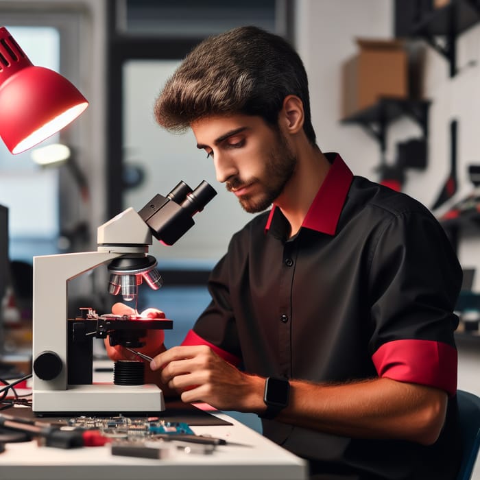 Hispanic Computer Technician Adjusting Microscope Focus | Service Center Scene