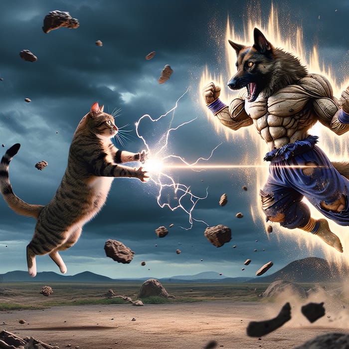 Cat Fighting a Dragon Ball-Like Muscular Dog