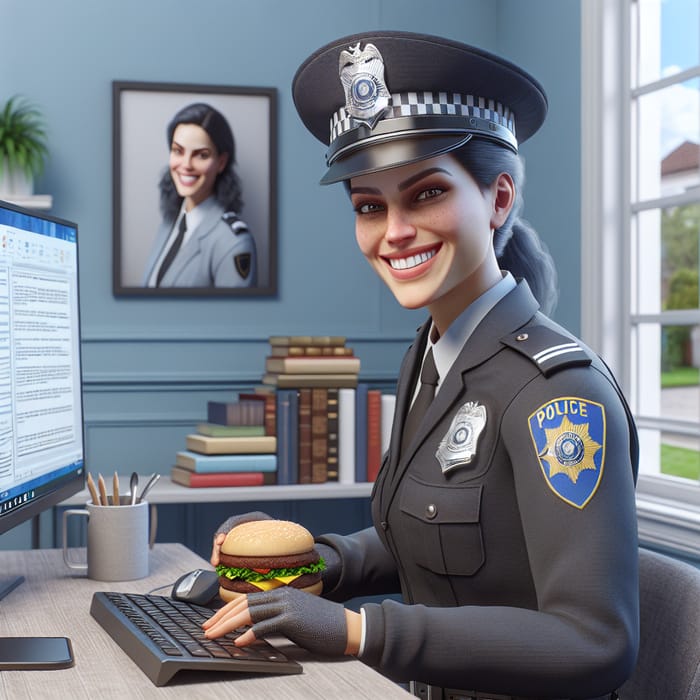 Female Police Officer Working at Computer with Burger in Hand