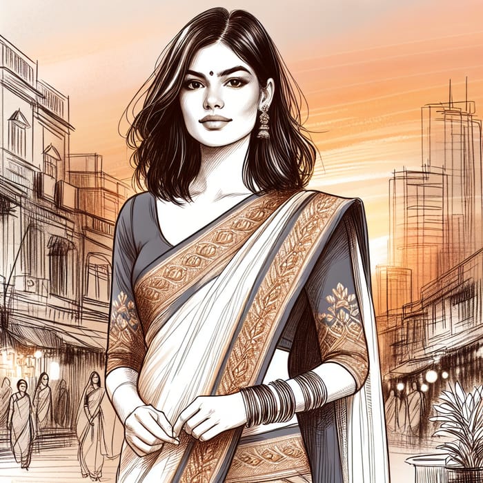 Beautiful Sketch of South Asian Woman in Traditional Attire