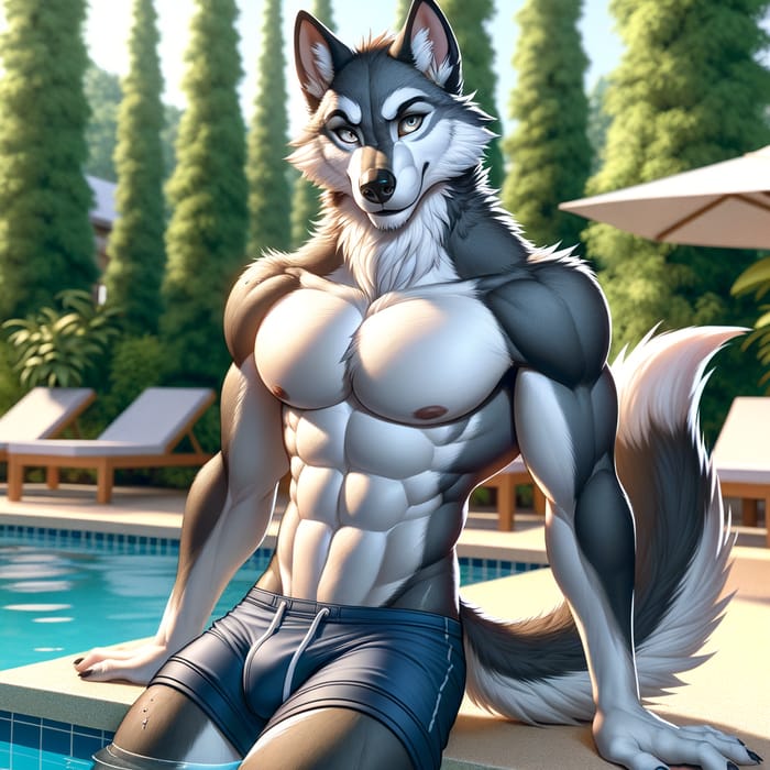 Male Wolf Demi-Human Enjoying Poolside Bliss | Serene Oasis