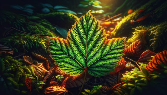 Vibrant Leaf Closeup with Enriched Veins and Warm Colors