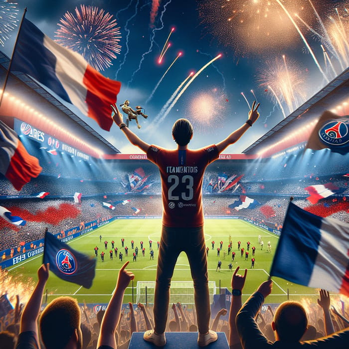 Excited man at PSG match in France with flags and fireworks