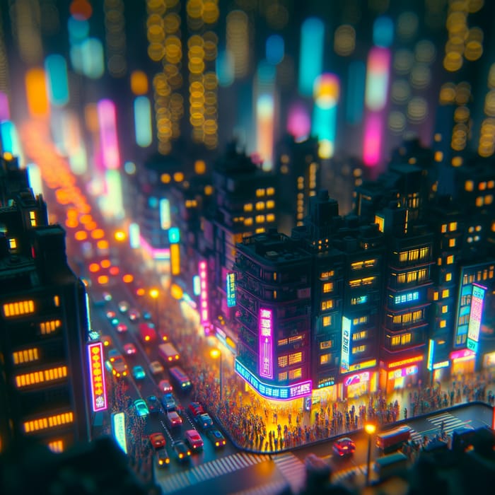 Neon Cyberpunk Cityscape | High Contrast Lighting, Miniature Effect