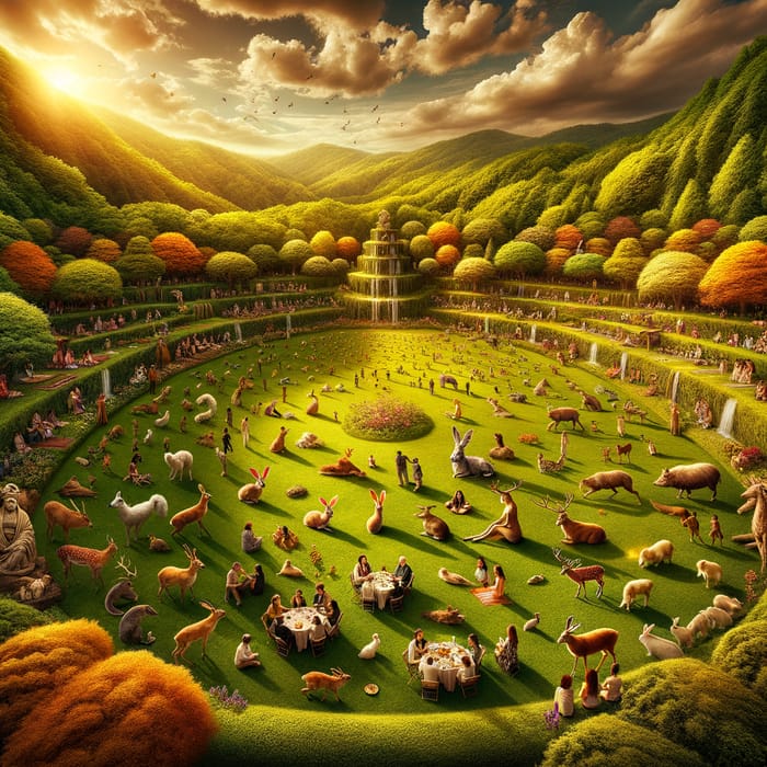 Harmonious Paradise: Joyful Animals & Humans in Vibrant Scene