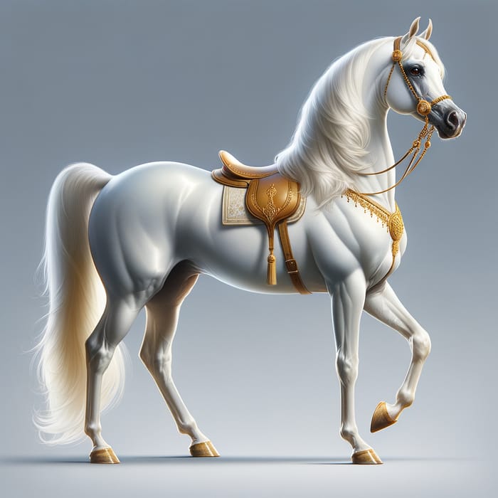 Proud Arabian White Horse with Golden Saddle and Bridle