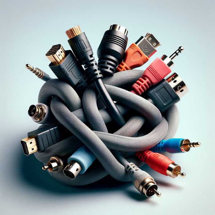 High-Definition HDMI, BNC, Coaxial, VGA, and RCA Cables Twisted Together