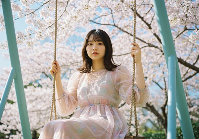 Ethereal Japanese Model in Cherry Blossom Photo