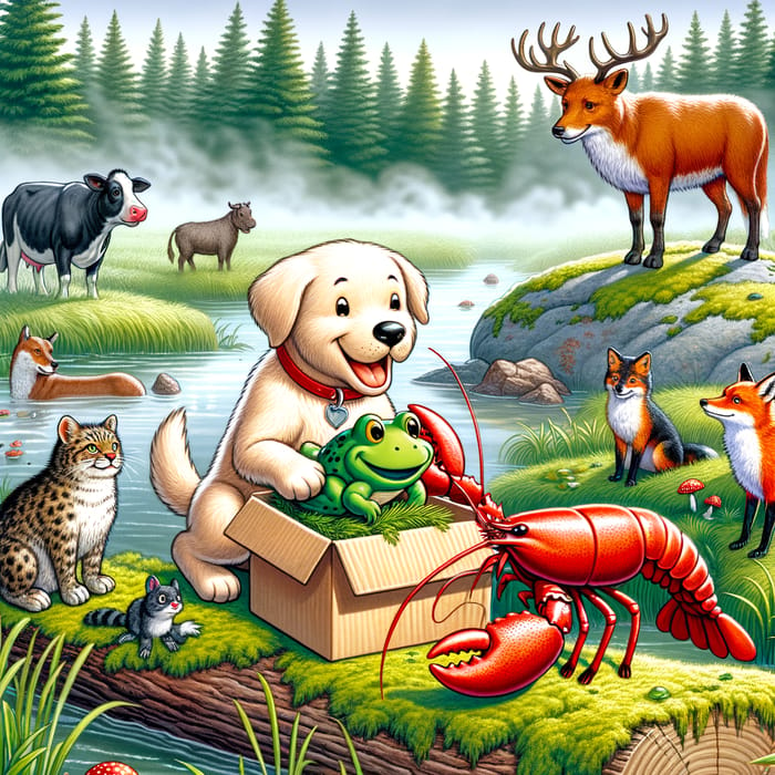 Whimsical Wildlife Scene: Dog, Frog, Fox, Lobster, Ox in Bog