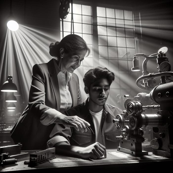 Vintage Black and White Photo: Supervisor Guiding Employee with Dramatic Lighting