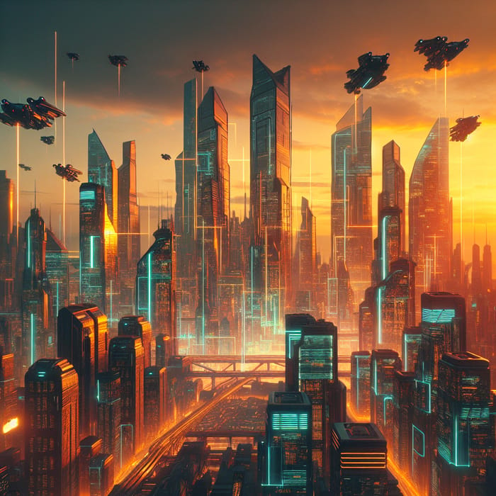 Futuristic Cityscape at Sunset: Cyberpunk Visions