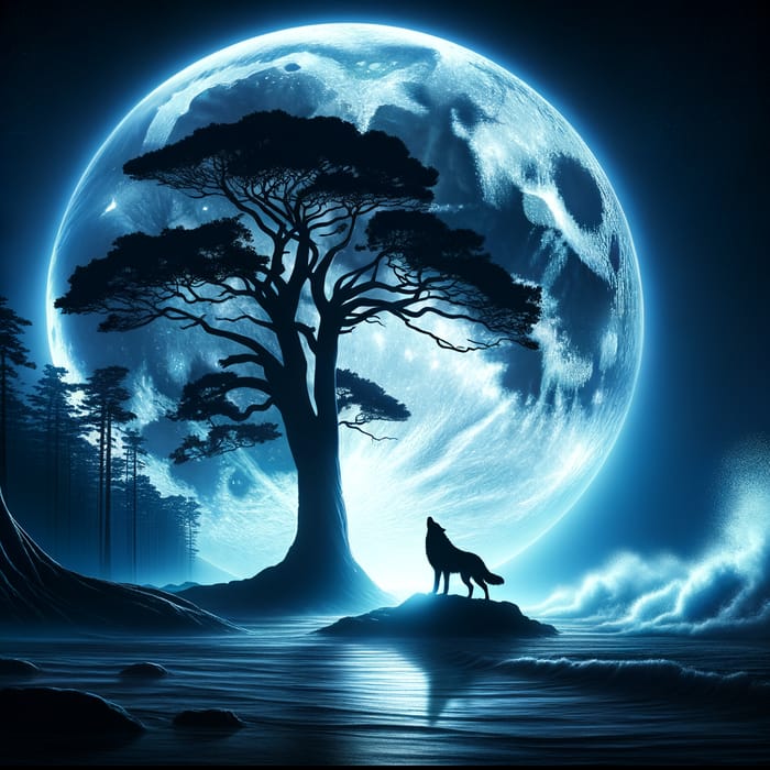 Majestic Moonlit Seascape with Wolf and Tree