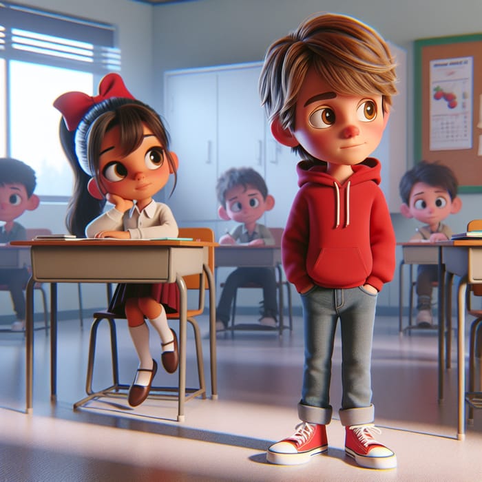 Enchanting 3D Disney-Style Image: Kids in Classroom, Age 12, Red Sweater, Pondering