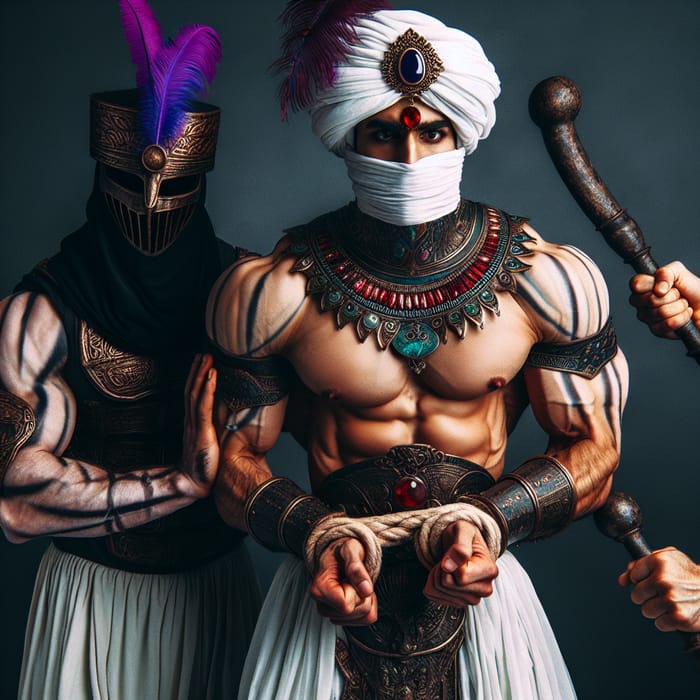 Strong Young Aladdin Shackled and Silenced by Menacing Guards