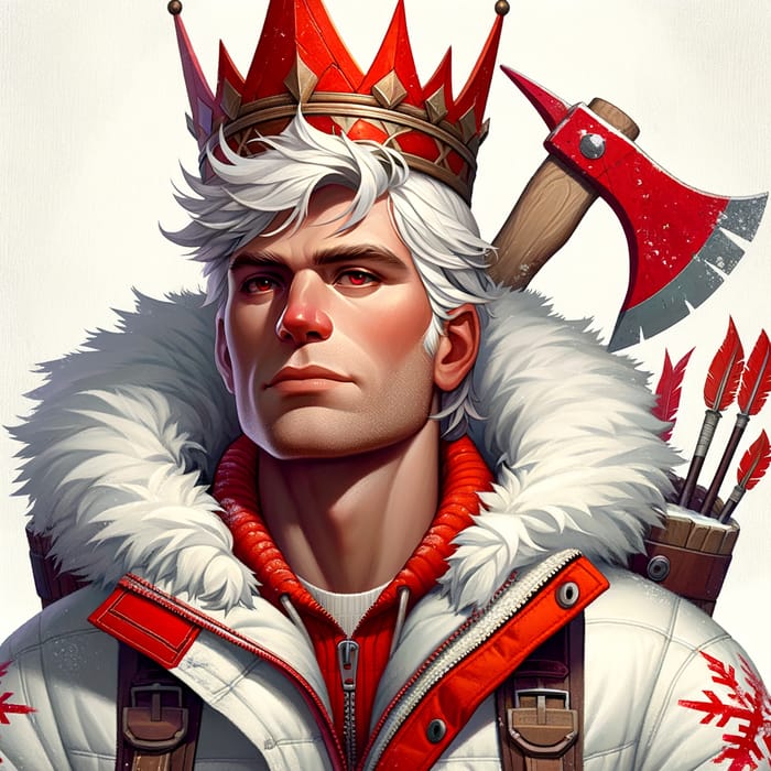 Regal Power: Caucasian Man in Red Crown and Snow Jacket with Axe