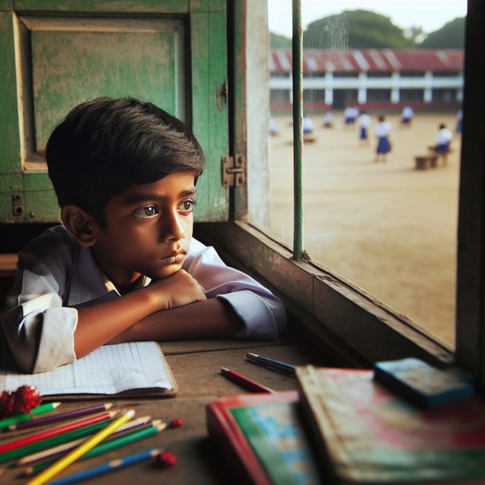 Pensive South Asian Boy in School Window Daydreaming