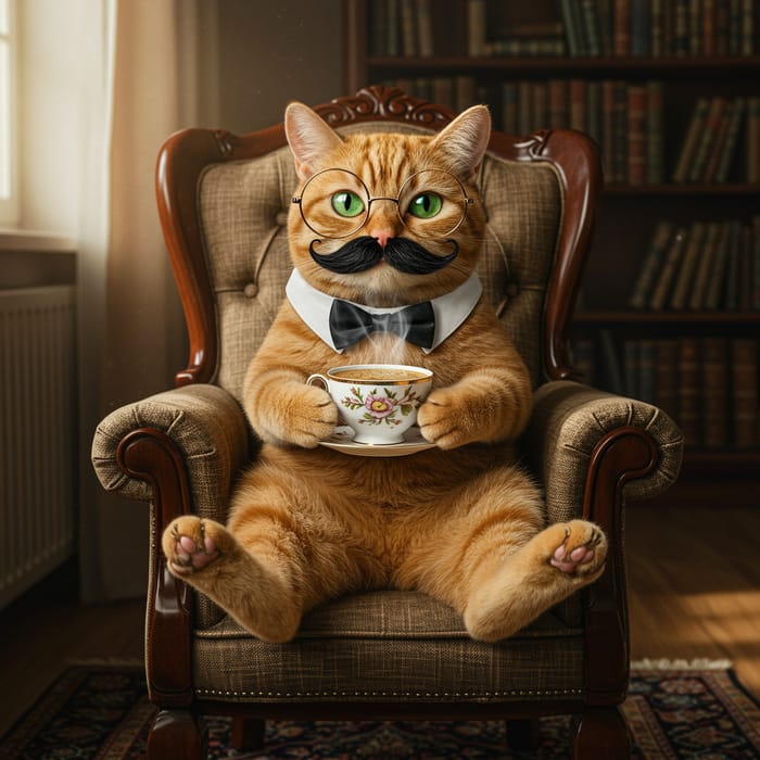 Whiskered Cat in Glasses Enjoying Coffee