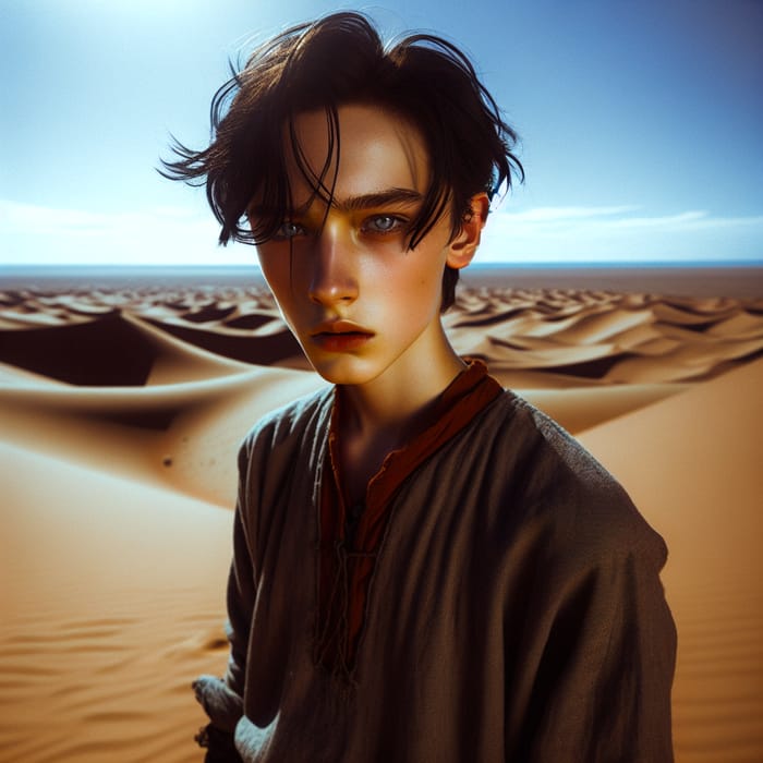 Young Boy with Pale Skin and Red Eyes in Desert