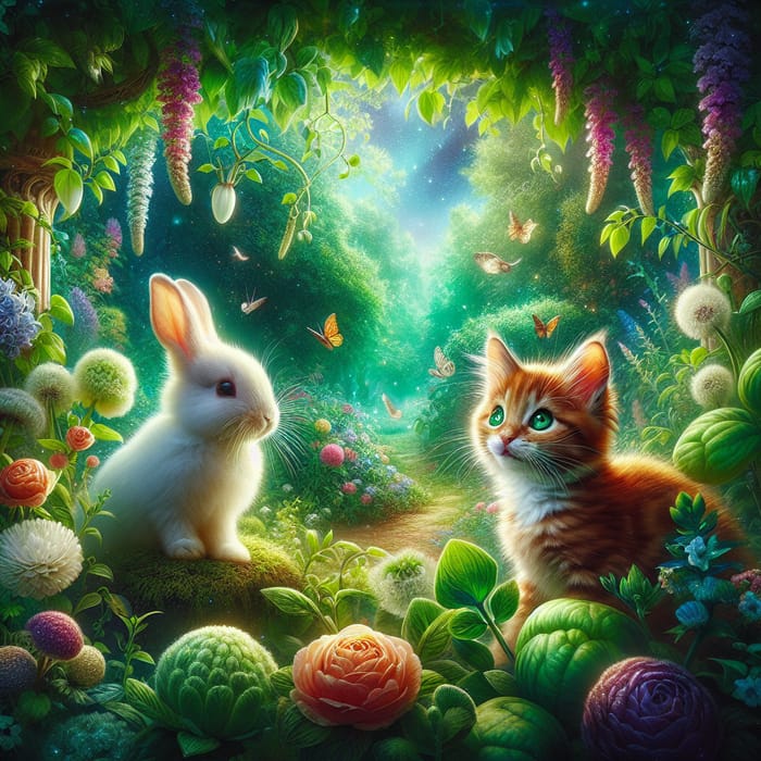 Enchanting Garden Adventure with Curious Bunny and Kitten