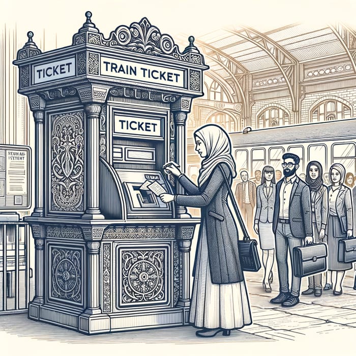 Train Ticket Booking Line Art Scene - Vintage Illustration