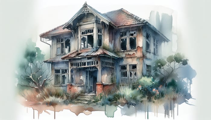 Abandoned House Watercolor Art | Evocative Vintage Scene