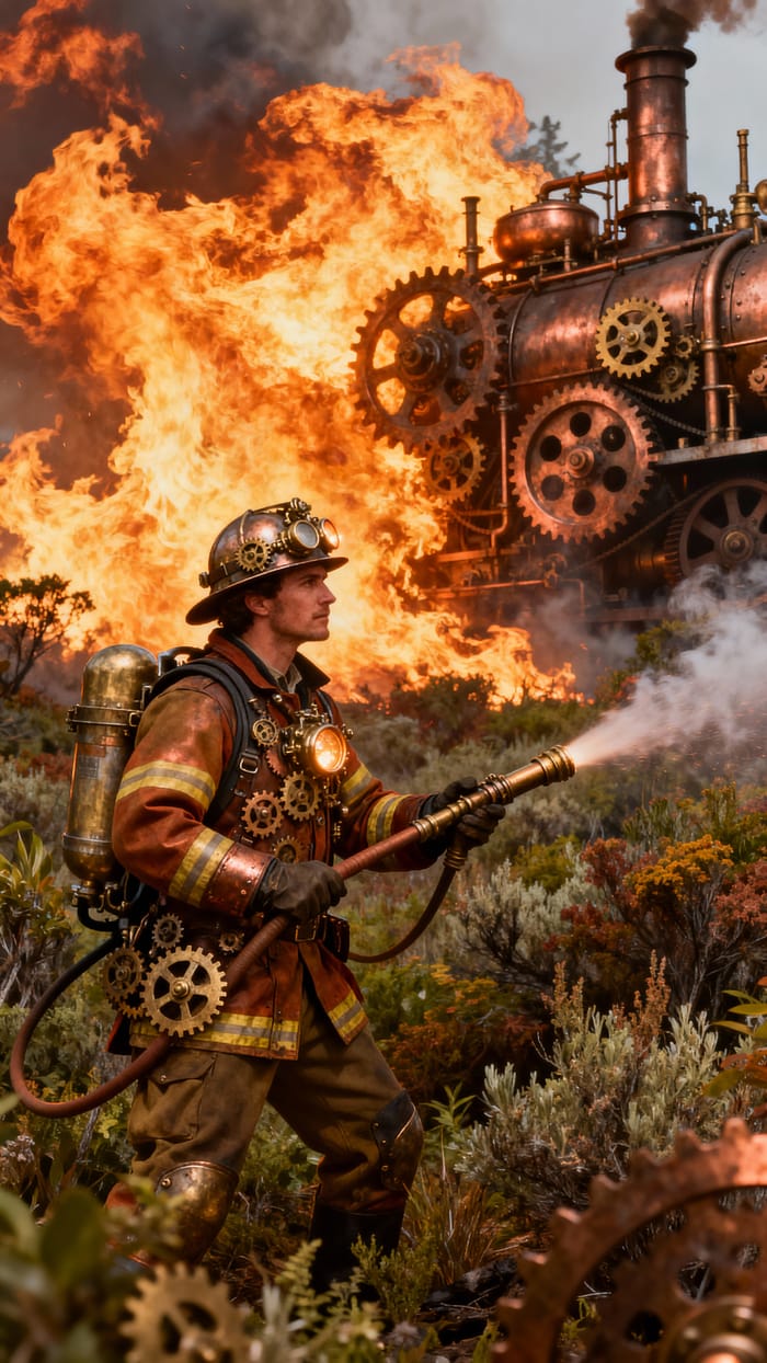 Brave Steampunk Firefighter Faces Raging Blaze Brave Steampunk Firefighter Faces Raging Blaze